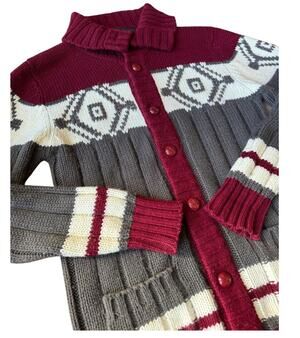 Vintage Retro Sigallo Knit Cardigan big collar, Gray, Maroon & Cream size medium